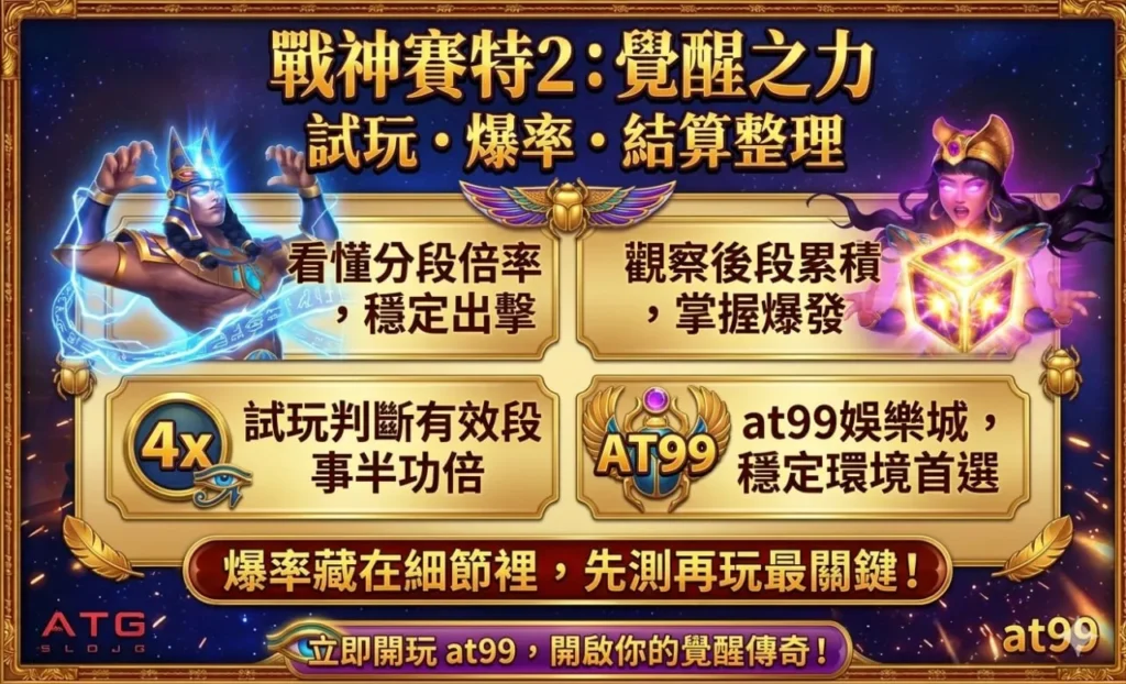 戰神賽特2覺醒之力試玩與爆率整理畫面，解析at99娛樂城玩法與倍數判斷