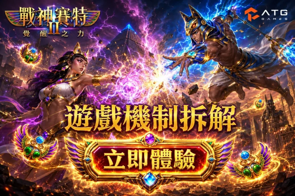戰神賽特2遊戲機制解析圖片，展示埃及神話對決場景，介紹 ATG 戰神賽特2核心玩法與特色機制。