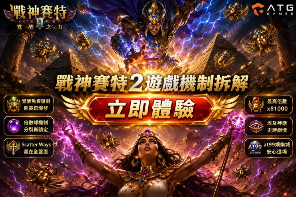 戰神賽特2遊戲機制宣傳圖，介紹覺醒免費遊戲、倍數球、Scatter Ways、最高81000倍與埃及神話特色玩法。